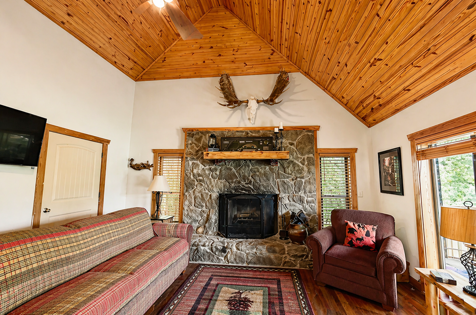 Living room · stone fireplace